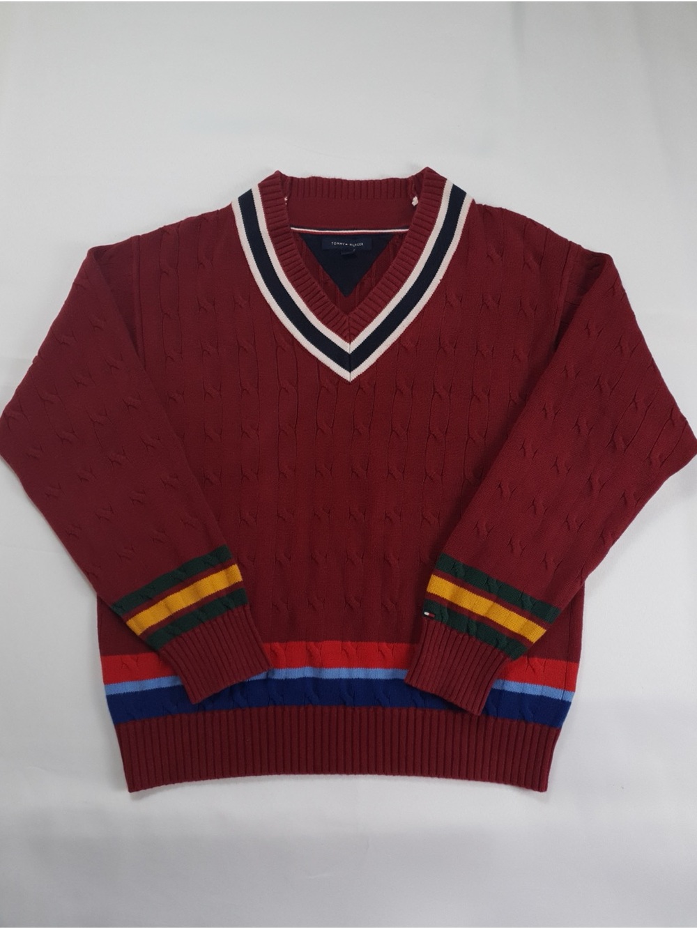 Vtg 90s Tommy Hilfiger Crawford Cricket V-Neck Sweater Mens Size Large Burgundy